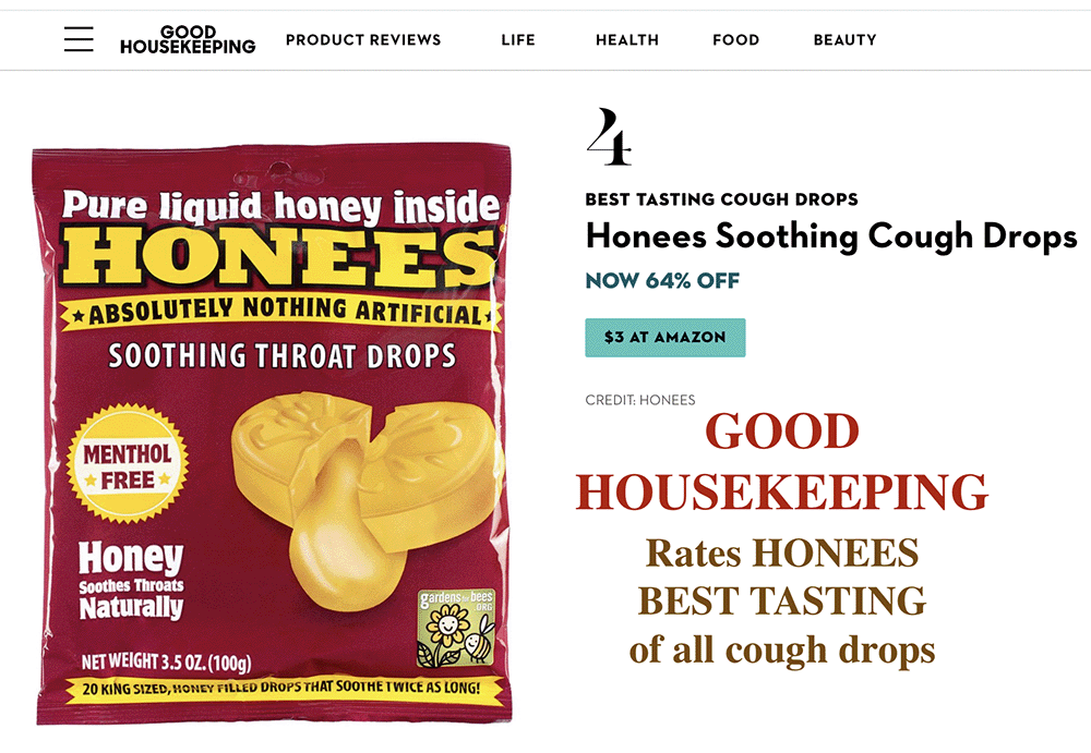 Good Housekeeping rates Honees Best Tasting of all cough drops