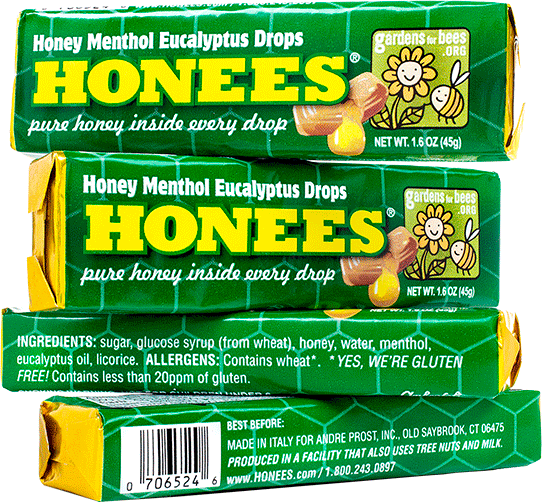 Stacked bars of Honees® natural honey eucalyptus cough drops