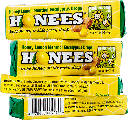 Stacked bars of Honees® natural honey and lemon cough drops