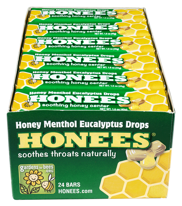 Box of 24 Honees® natural honey eucalyptus cough drops bars