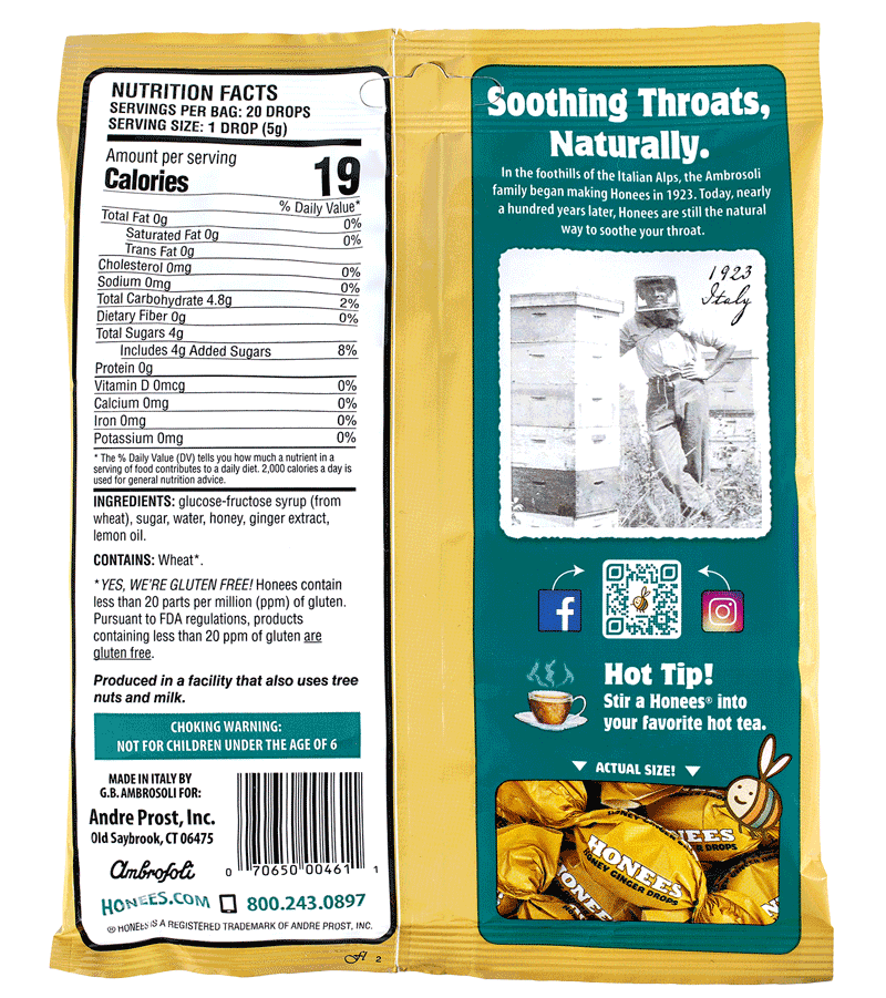 Back of bag of Honees®️ natural honey cough drops, showing ingredients and nutrition facts