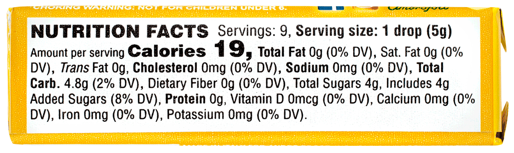 The back of a 9-count bar of Honees™ natural cough drops with ginger, showing nutrition facts