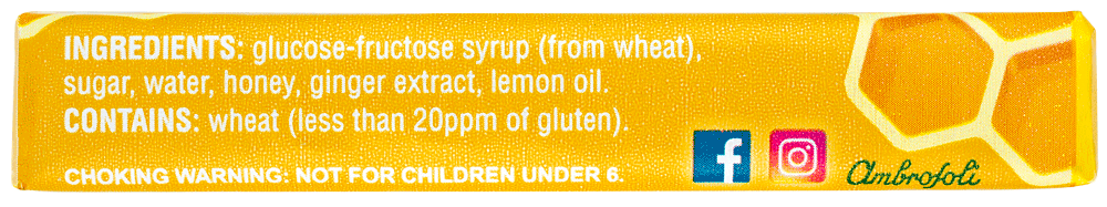 The left side of a 9-count bar of Honees™ natural cough drops with ginger, showing ingredients and allergen information