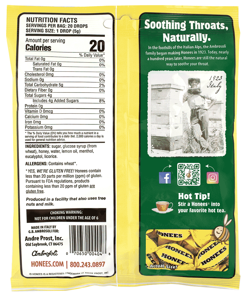 Back of bag of Honees™ natural cough drops with lemon, eucalyptus and menthol, showing ingredients and nutrition facts.