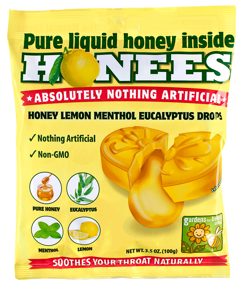 A bag of Honees®️ natural lemon honey cough drops with menthol and eucalyptus