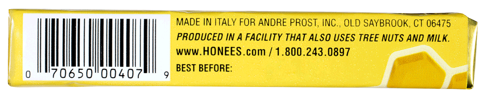 The right side of a 9-count bar of Honees™ natural cough drops with lemon, menthol and eucalptus, showing manufacturer contact information.