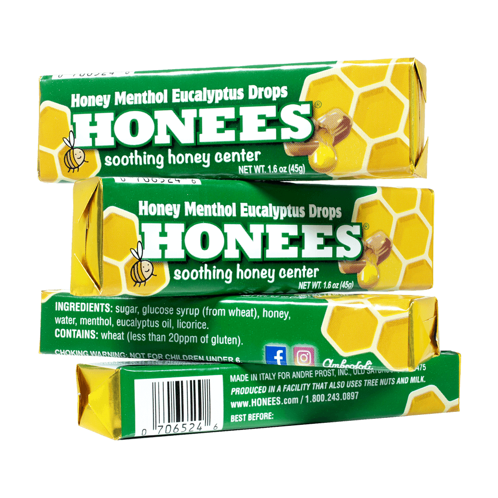 Stacked bars of Honees™ natural honey eucalyptus cough drops