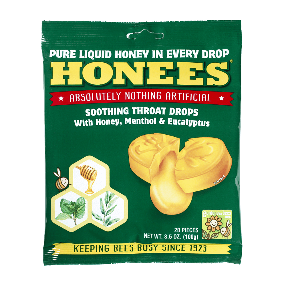 A bag of Honees™ natural honey cough drops with menthol and eucalyptus