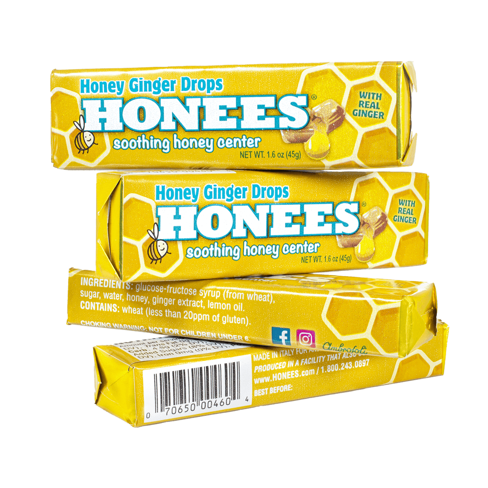 Stacked bars of Honees™ natural cough drops with ginger