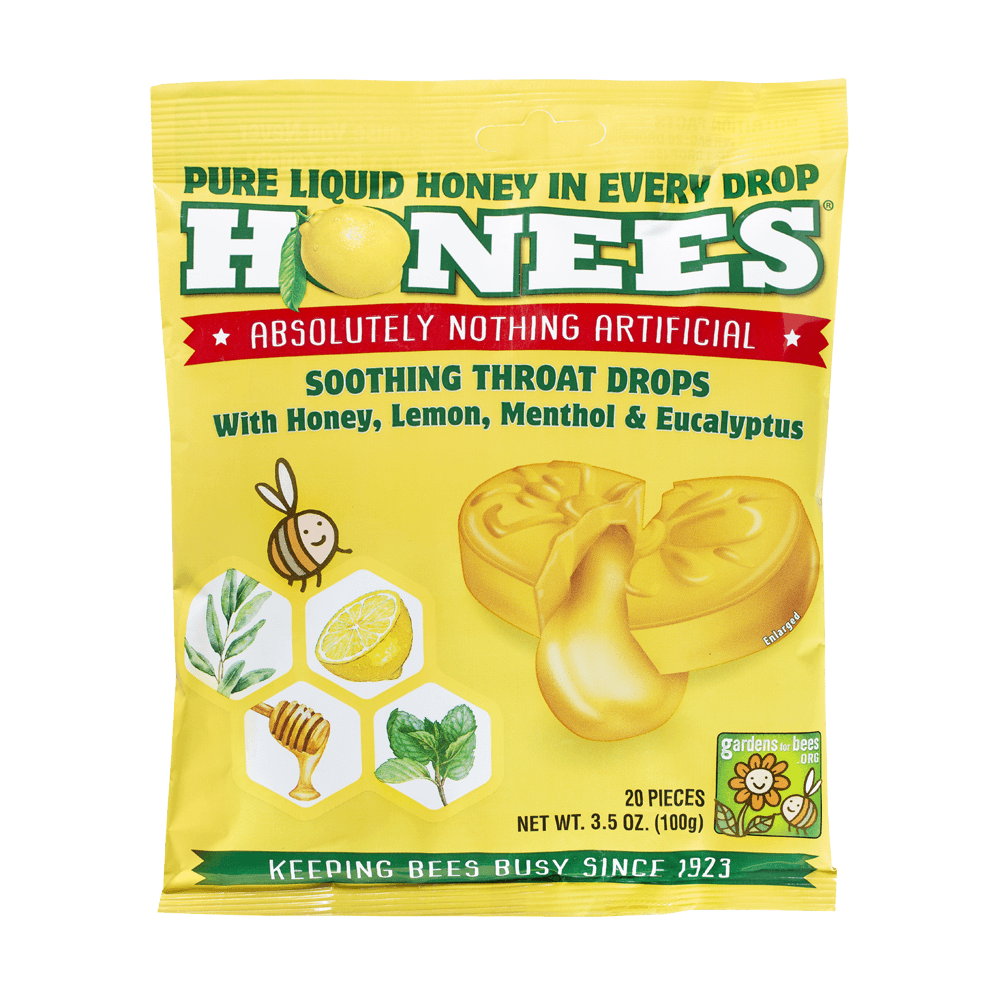 A bag of Honees™ natural lemon honey cough drops with menthol and eucalyptus