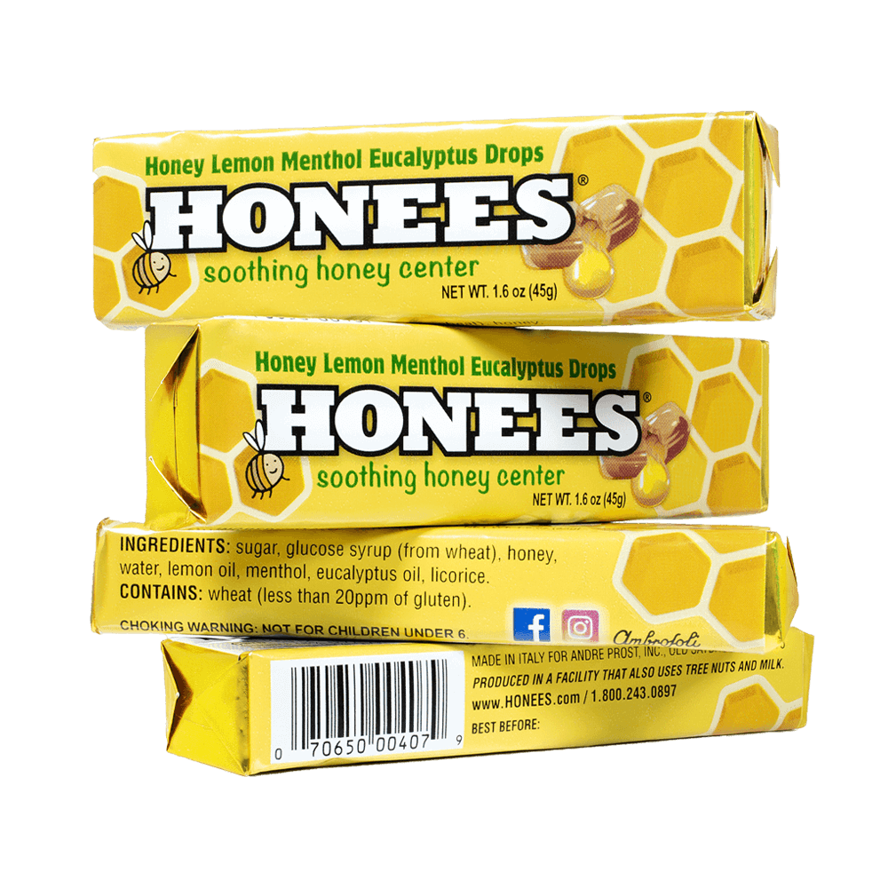 Stacked bars of Honees™ natural honey and lemon cough drops